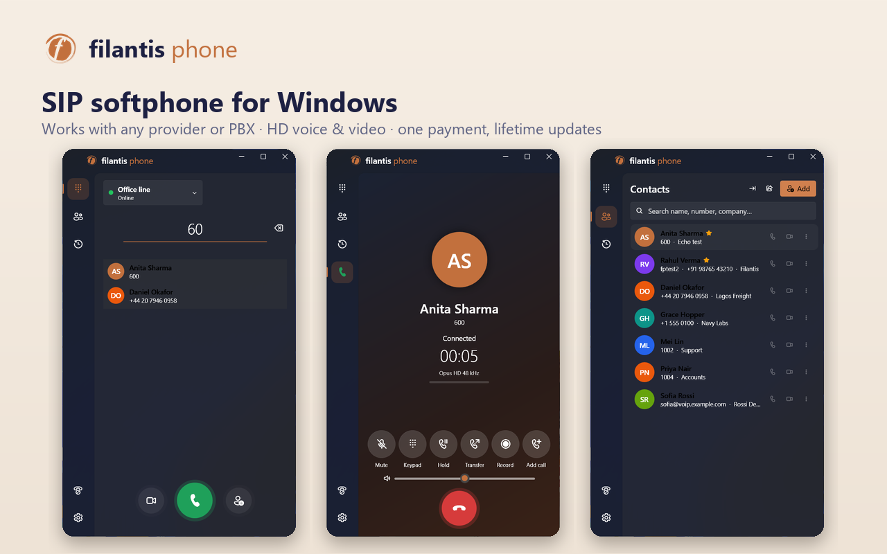 Filantis Phone: dialpad with contact suggestions, a connected call, and the contacts list