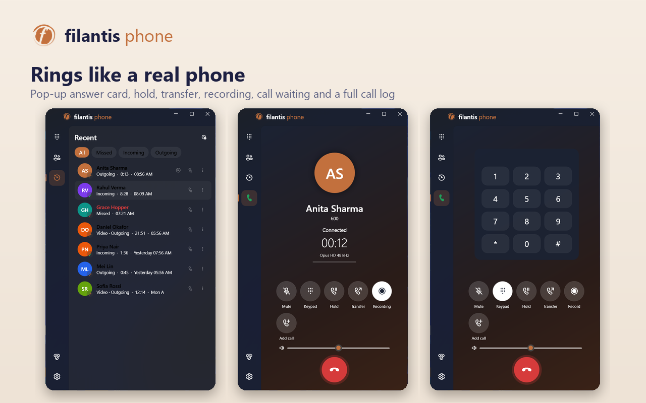 Call history, a call being recorded, and the in-call keypad