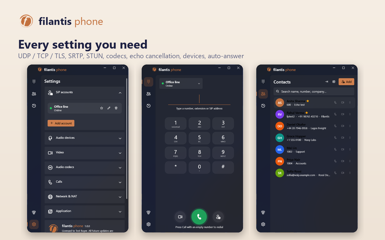 Settings for SIP accounts, audio, video, codecs and network, beside the dialpad